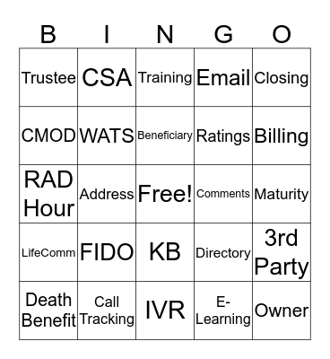 Life Insurance Bingo Card