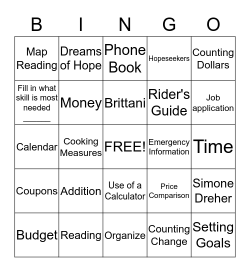 Life Skills Bingo Card