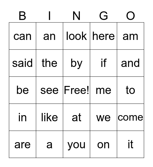 Sight Word Bingo (A) Bingo Card