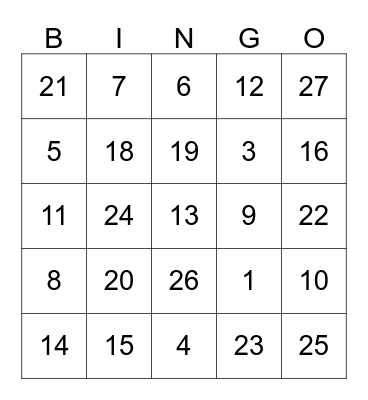 Number Bingo Card