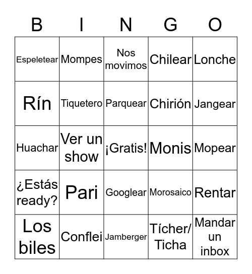 Spanglish Bingo Card
