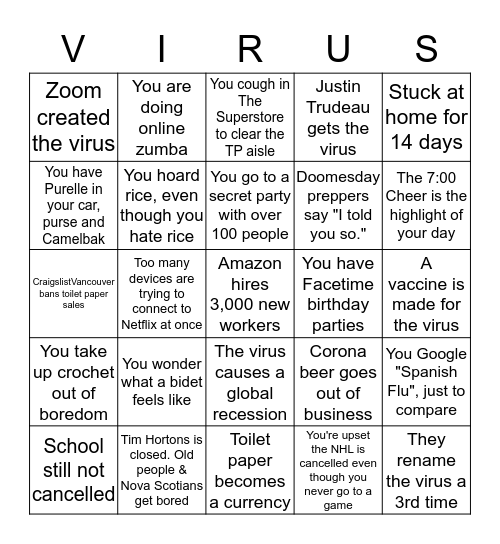 Coronavirus Bingo Vancouver Version Bingo Card