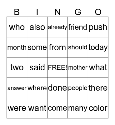 Wilson sight words Bingo Card