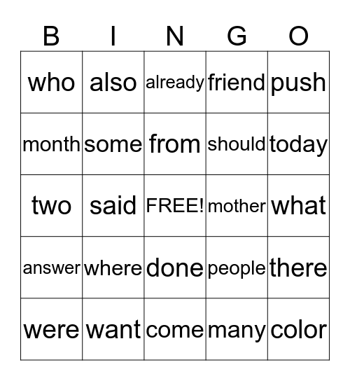 Wilson sight words Bingo Card