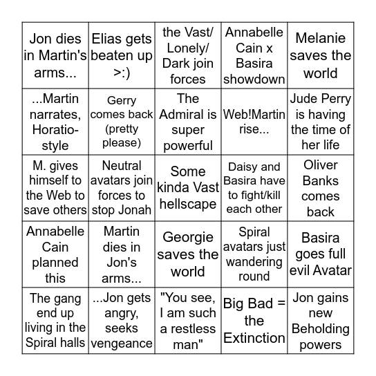 TMA s5 Prediction Bingo Card