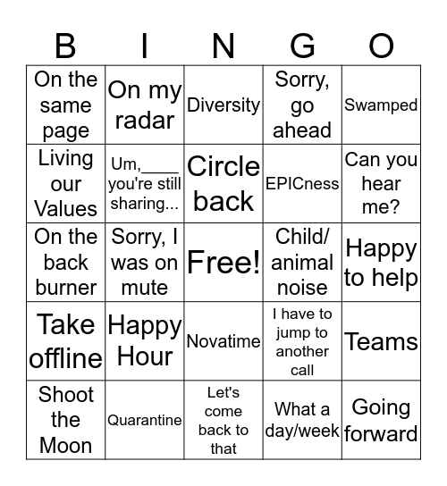 Working from Home Bingo Card