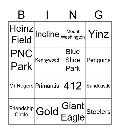 Pittsburgh Bingo Card