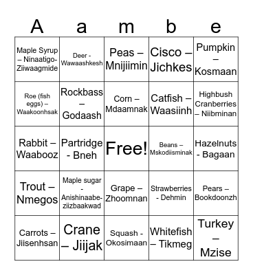 Anishinaabe Miijim Bingo Card