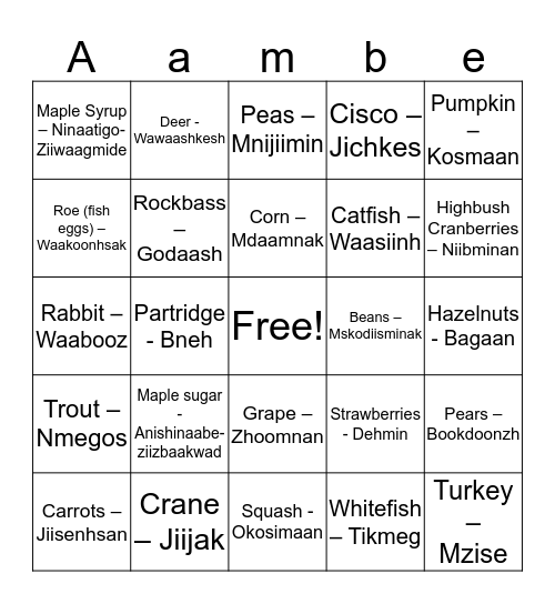 Anishinaabe Miijim Bingo Card
