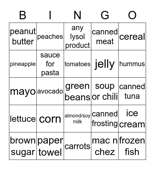 Pantry Bingo Card