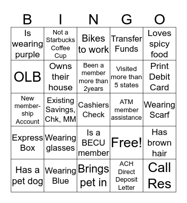 BECU Bingo! Bingo Card