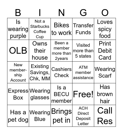 BECU Bingo! Bingo Card