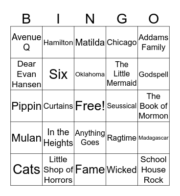 Musical Theater Bingo Card