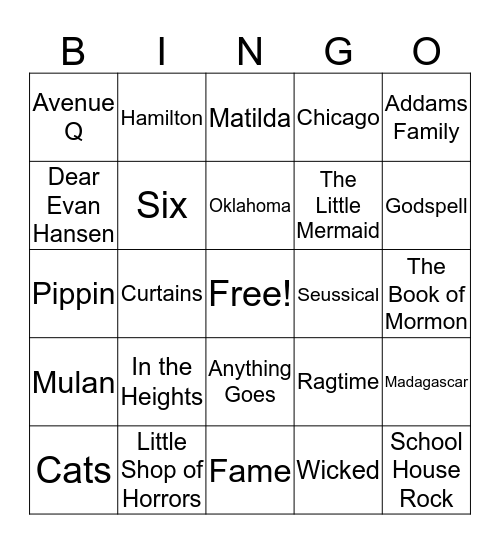 Musical Theater Bingo Card