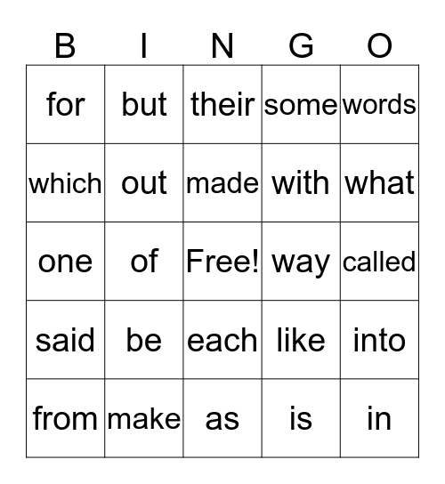 High Frequency Words - #1 Bingo Card