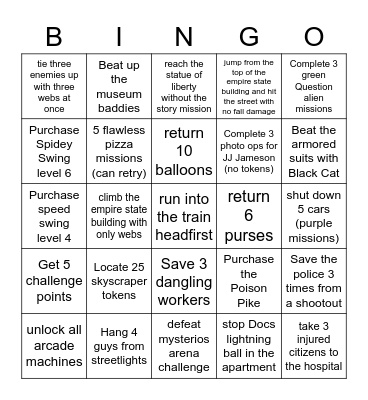 Spiderman 2 Bingo Card