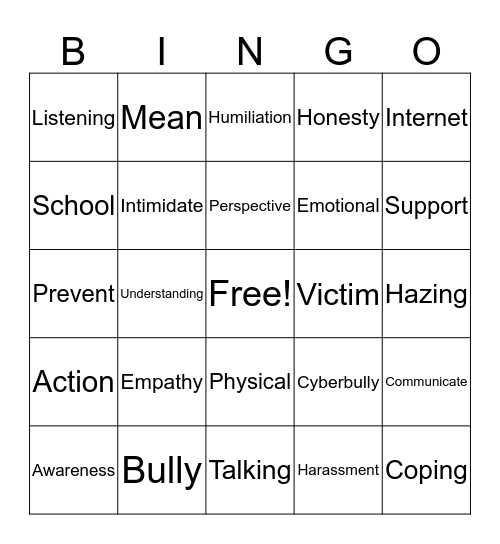 Bullying Bingo Card