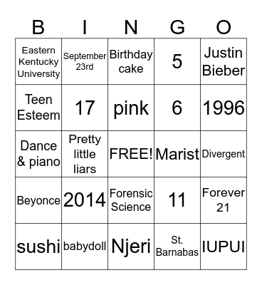 Kai's Bingo Card