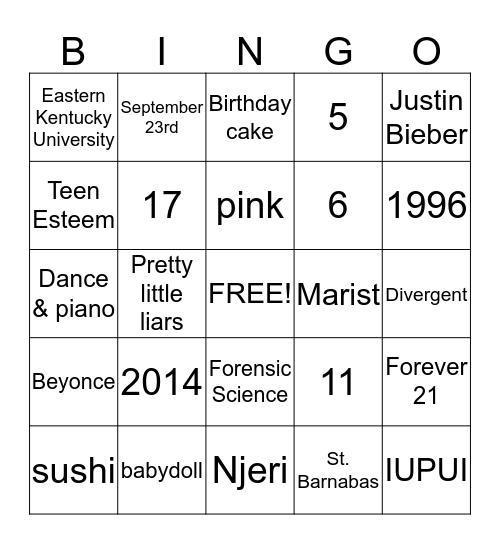 Kai's Bingo Card