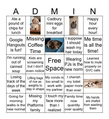 Admins WFH Bingo Card