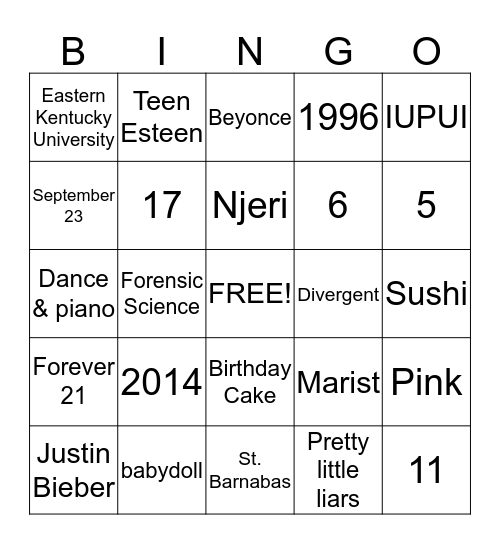 Kai's Bingo Card