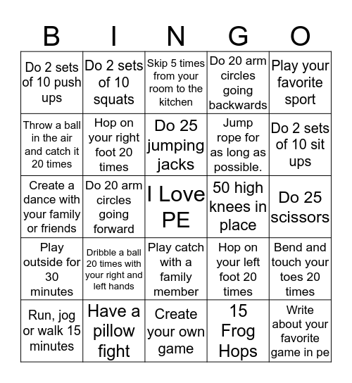 PE Bingo Card