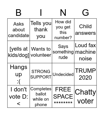 Phone Bank Bingo Card