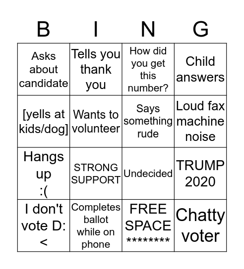 Phone Bank Bingo Card