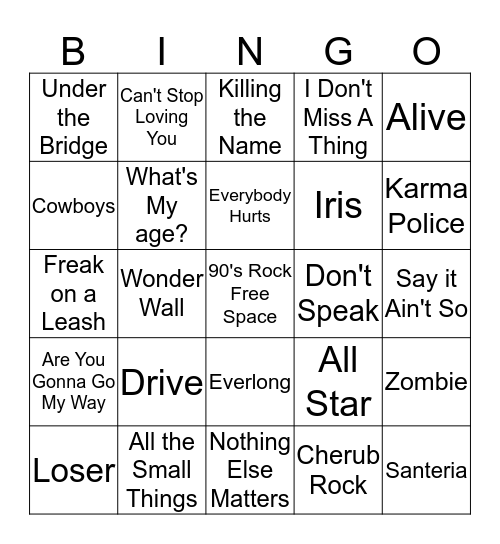 90's Rock Bingo Card