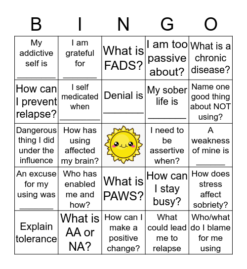 Substance Abuse Recovery Bingo Card