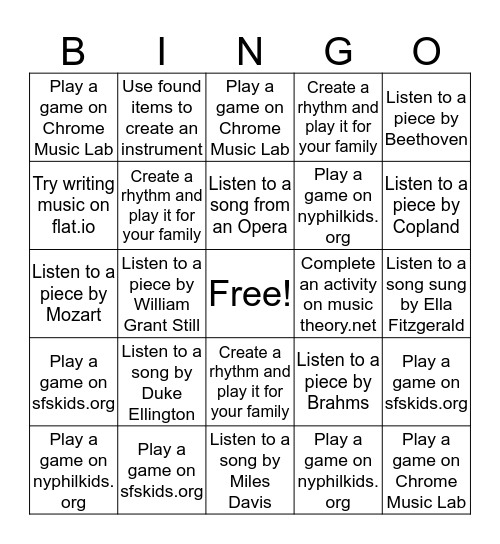 MUSIC AT HOME BINGO! Bingo Card