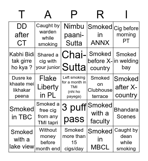 TMI BINGO PRO (SMOKER'S EDITION) Bingo Card