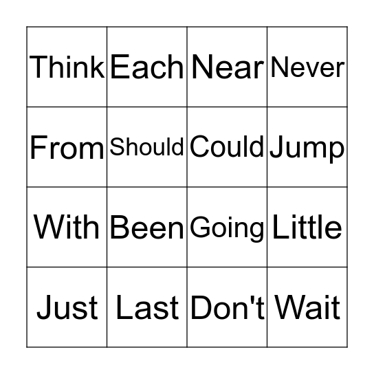 Snap Word Bingo Card