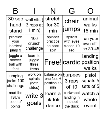 HSC off-ice Bingo Card