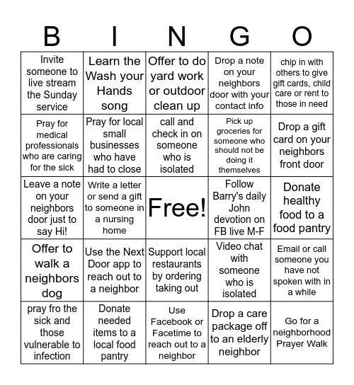 Neighborhood Bingo Card