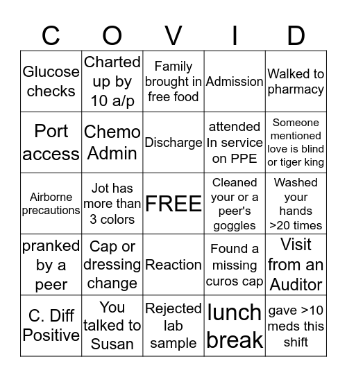 D6 COVID Shift Bingo Card