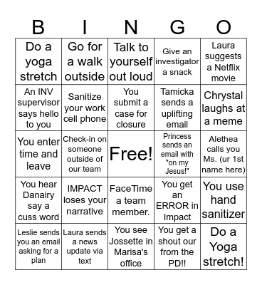 TEAM 63 COVID & WFH BINGO Card