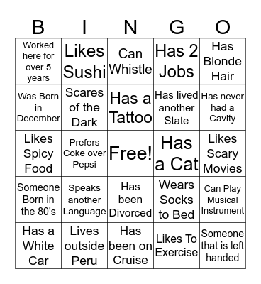 "Getting to Know Staff" Bingo Card