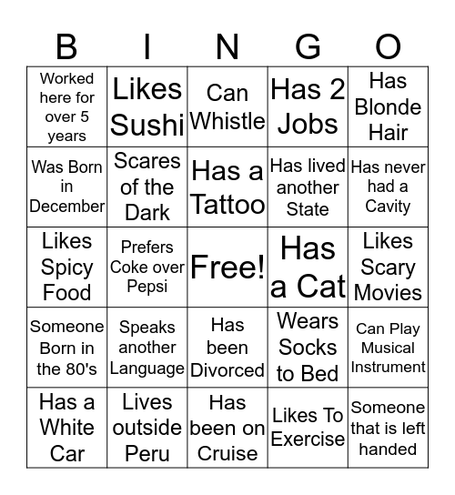 "Getting to Know Staff" Bingo Card