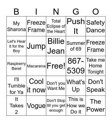 80's & 90's Music Bingo Card