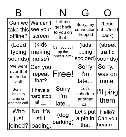 Lock-down Conference Call Bingo Card