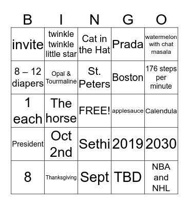 Jaspreet's Baby Shower Bingo Card