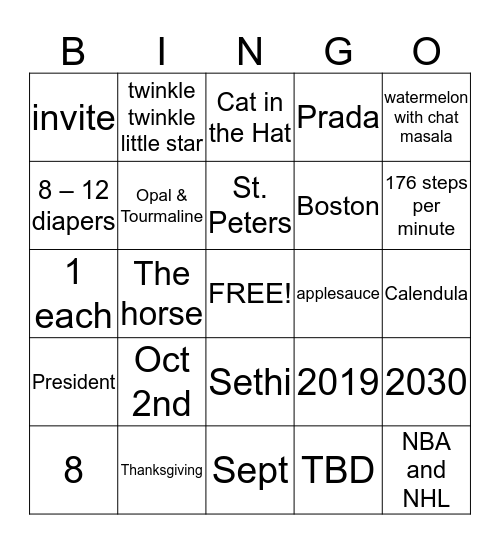 Jaspreet's Baby Shower Bingo Card