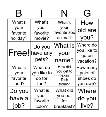 Question Bingo Card