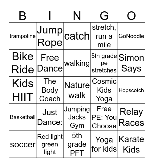 Physical Education Bingo 20 minutes each day/box Bingo Card