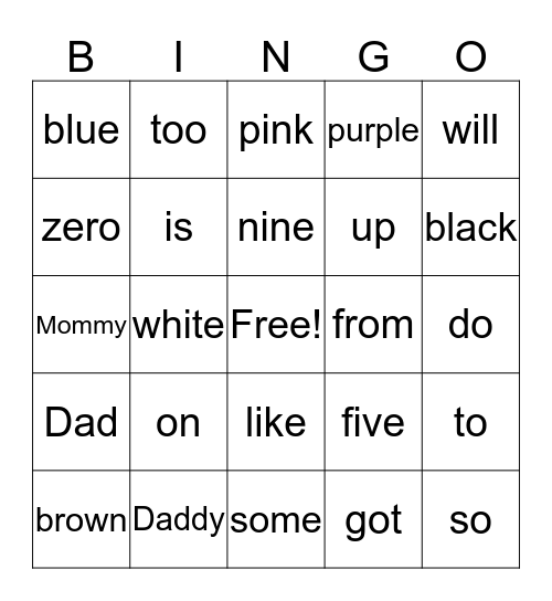 Sight Words Bingo Card