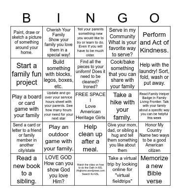 American Heritage Girls Bingo WV Troop 1816 Bingo Card