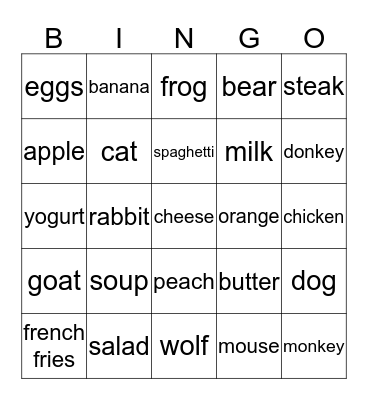 Unit 3 and Animals Bingo Card