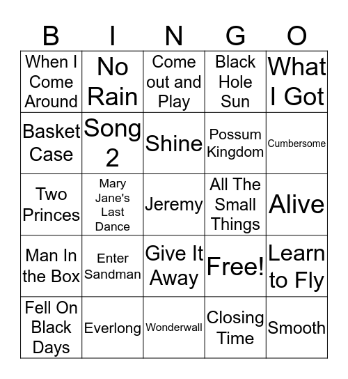 90's Rock Bingo Card