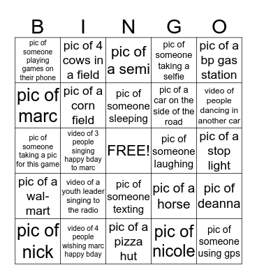 Journey Road Trip Car Bingo Card